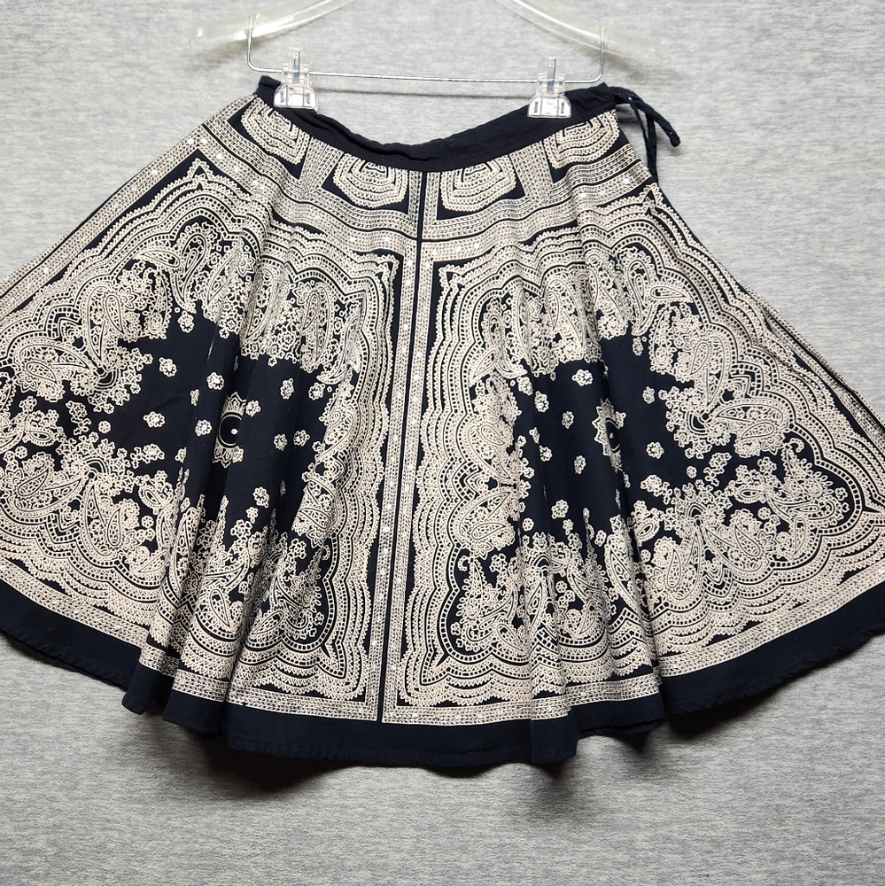 Vintage Y2K Boho hippie Handkerchief print Sequins A-line full skirt womens M